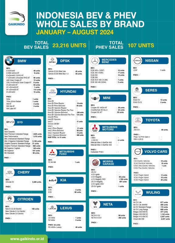 Indonesia BEV and PHEV by Brand Whole Sales, January – August 2024