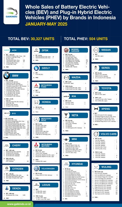 Whole Sales of Battery Electric Vehicle (BEV) and Plug-in Hybrid Electric Vehicle (PHEV) by Brands in Indonesia, January-May 2025